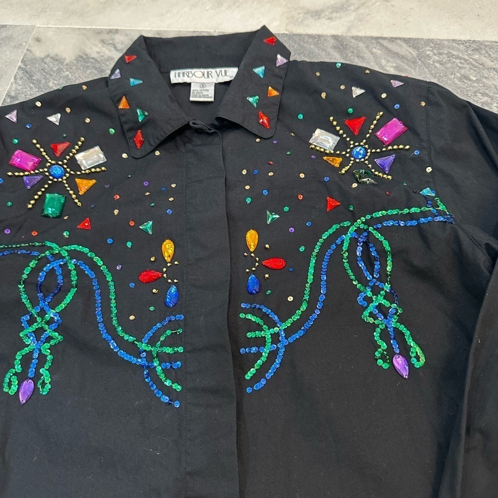 Vintage Harbour Vue Black Western Shirt with Rhinestones and Gems Size S - Picture 3 of 6